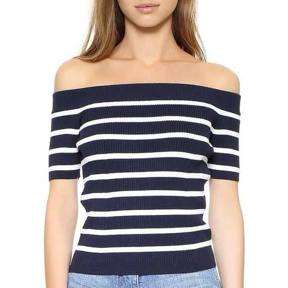 Sunday Stevens Navy Blue White Off The Shoulder Striped Knit Sweater Top Size L - Picture 3 of 8